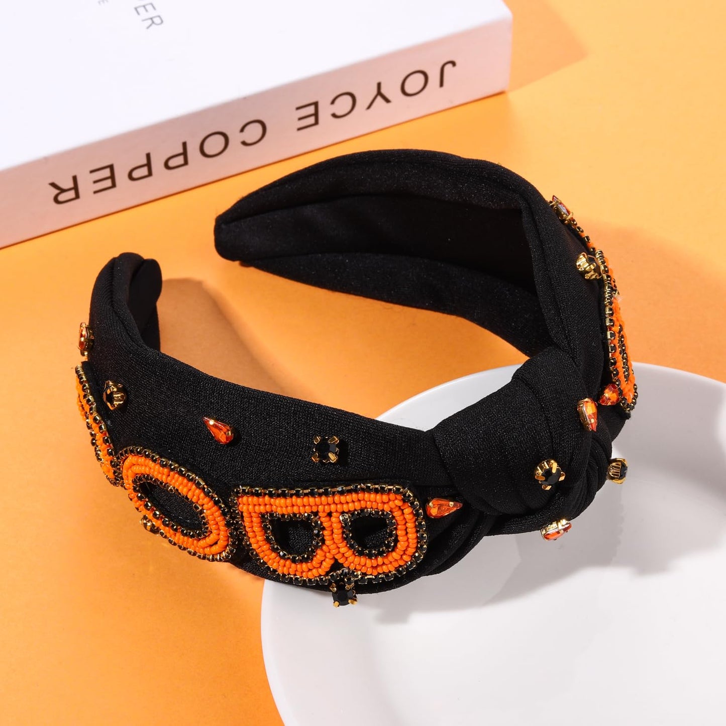 NLCAC Halloween Headbands for Women Beaded BOO Knotted Headband Crystal Embellished Wide Headband Halloween Costume Headwear Accessories (BOO)