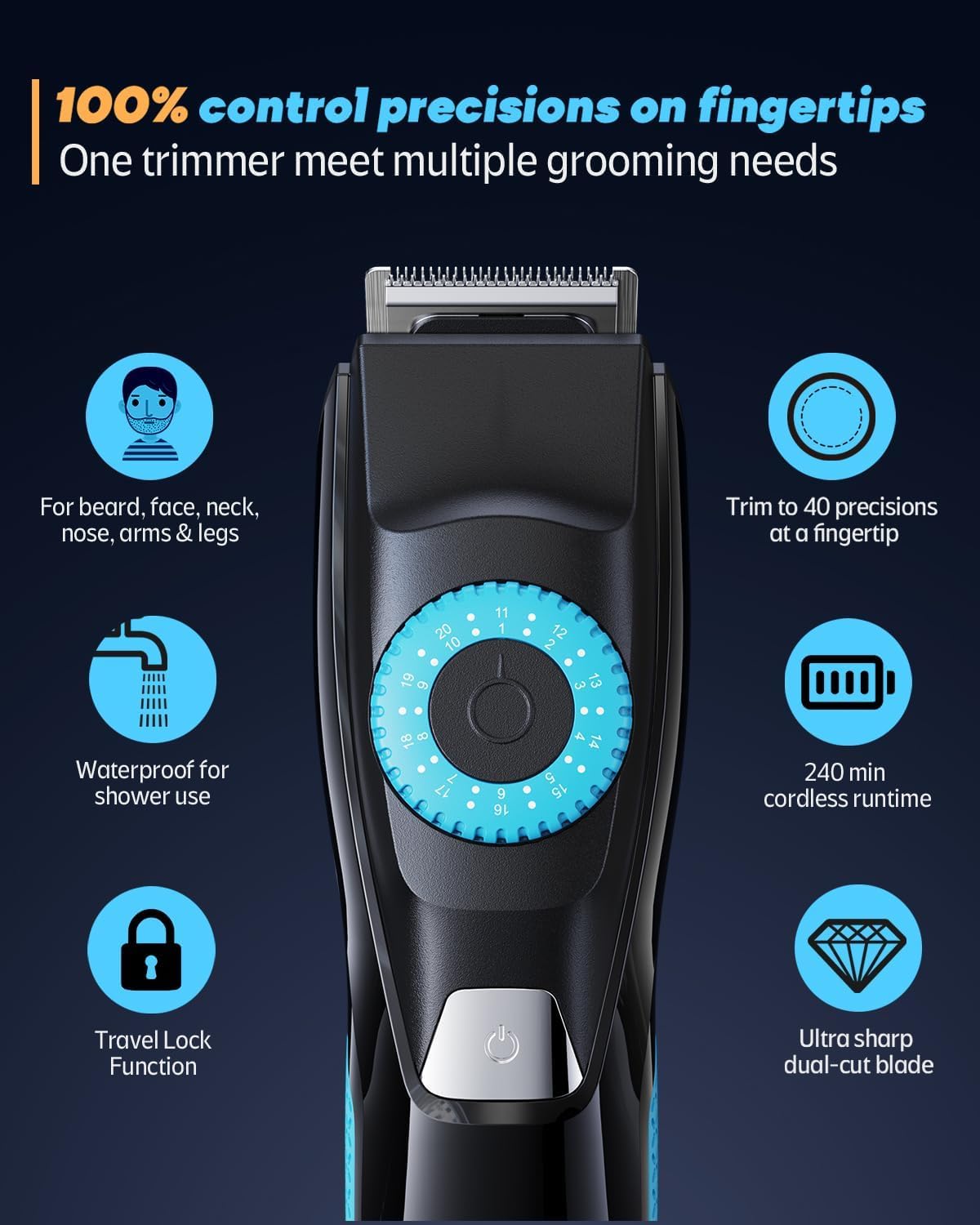 Skiennix Beard Trimmer for Men - 120-Min Cordless Runtime, 0.5mm Precision Dial & IPX7 Waterproof