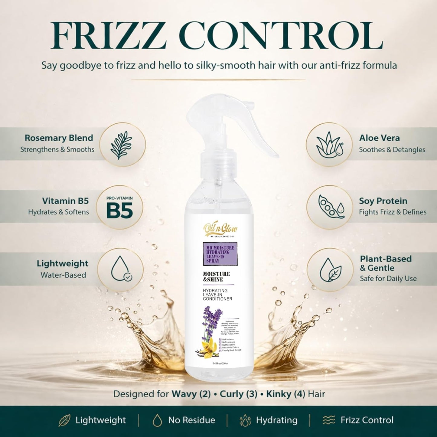 Skiennix Lightweight Leave-In Conditioner Spray - Rosemary & Castor Oil for Type 2-4 Hair | 8.45 Fl. Oz