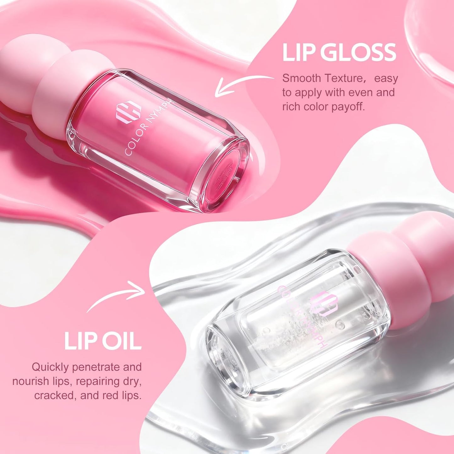 Skiennix Color Nymph Lip Oil & Gloss Set - Hydrating, Non-Sticky Lip Makeup with Jojoba Oil & Hyaluronic Acid | #04 Ballet Pink