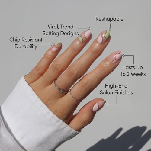 Glamnetic Press On Nails - Strawberry Matcha | Short Oval Fake Nails with Pink & Green Swirl Design and Gold Foil Accents in Glossy Finish, Salon Quality | 15 Sizes - 30 Nail Kit with Glue