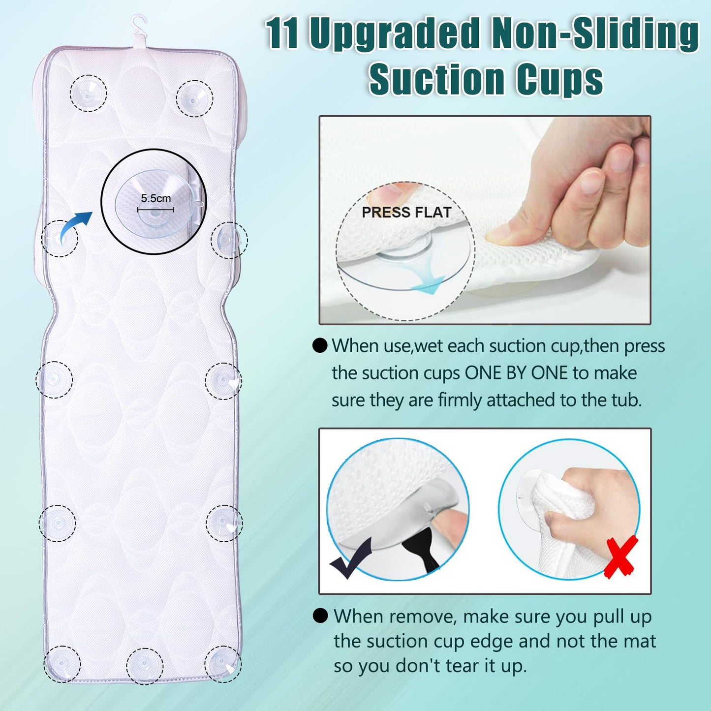 Full Body Bath Pillow, Bathtub Mattress Luxury Cushion with Large Suction Cups, Comfort Support Your Head, Neck, Shoulder, Back and Tailbone, Relax & Quick Drying, White