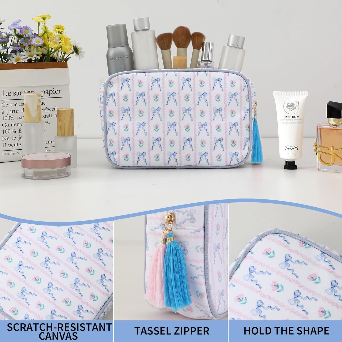Skiennix Makeup Bag - Large Canvas Travel Organizer with Tassel - Versatile Zipper Pouch for Toiletries