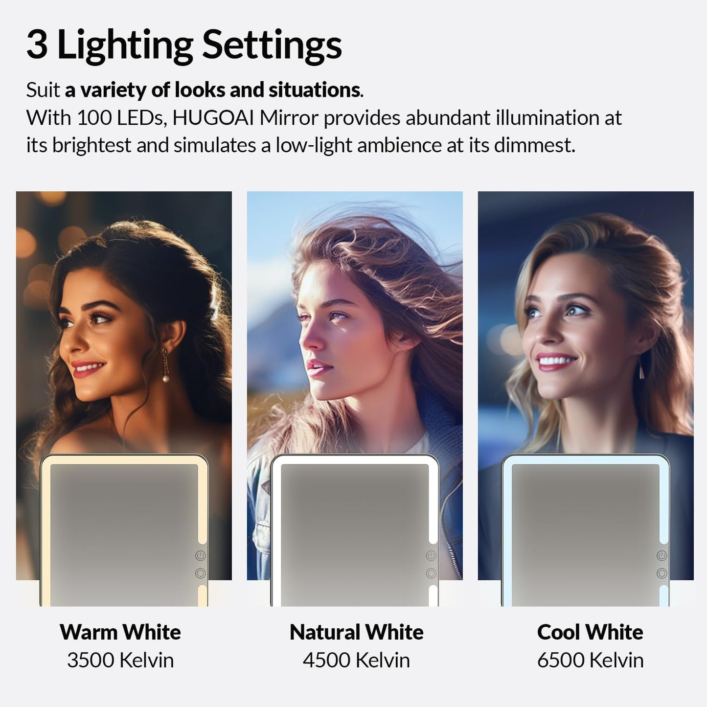 HUGOAI Vanity Mirror with Lights - Travel Makeup Mirror, Portable Lighted Travel Mirror, 2000mAh Rechargeable 100 LED, Birthday Gifts for Women and Mom, 11.9", Black