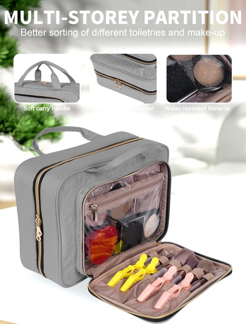 BALULHG Travel Toiletry Bag for Women Large Capacity with Hook - Portable Cosmetic Case,Hanging Makeup Bag for Full Sized Toiletries,Travel Essentials for Business Trips and Camping Grey