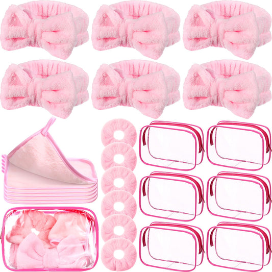 Mimorou 24 Pieces Sleepover Party Supplies Spa Party Favors 6 Spa Headband 6 Velvet Scrunchies 6 Makeup Remover Cloth 6 Clear Cosmetic Bags for Slumber Christmas Gift(Pink)