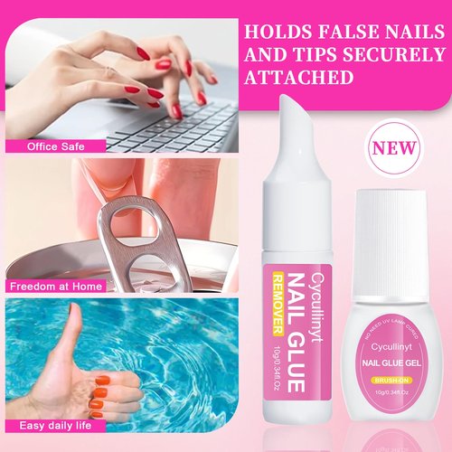 Cycullinyt Super Strong Nail Glue Gel for Press On Nail Tips: 10g No UV Lamp Needed Quick Dry Brush On Gel Glue with 10ml Remover for Nail Tips Long Lasting Fake Acrylic Nails Glue Gel