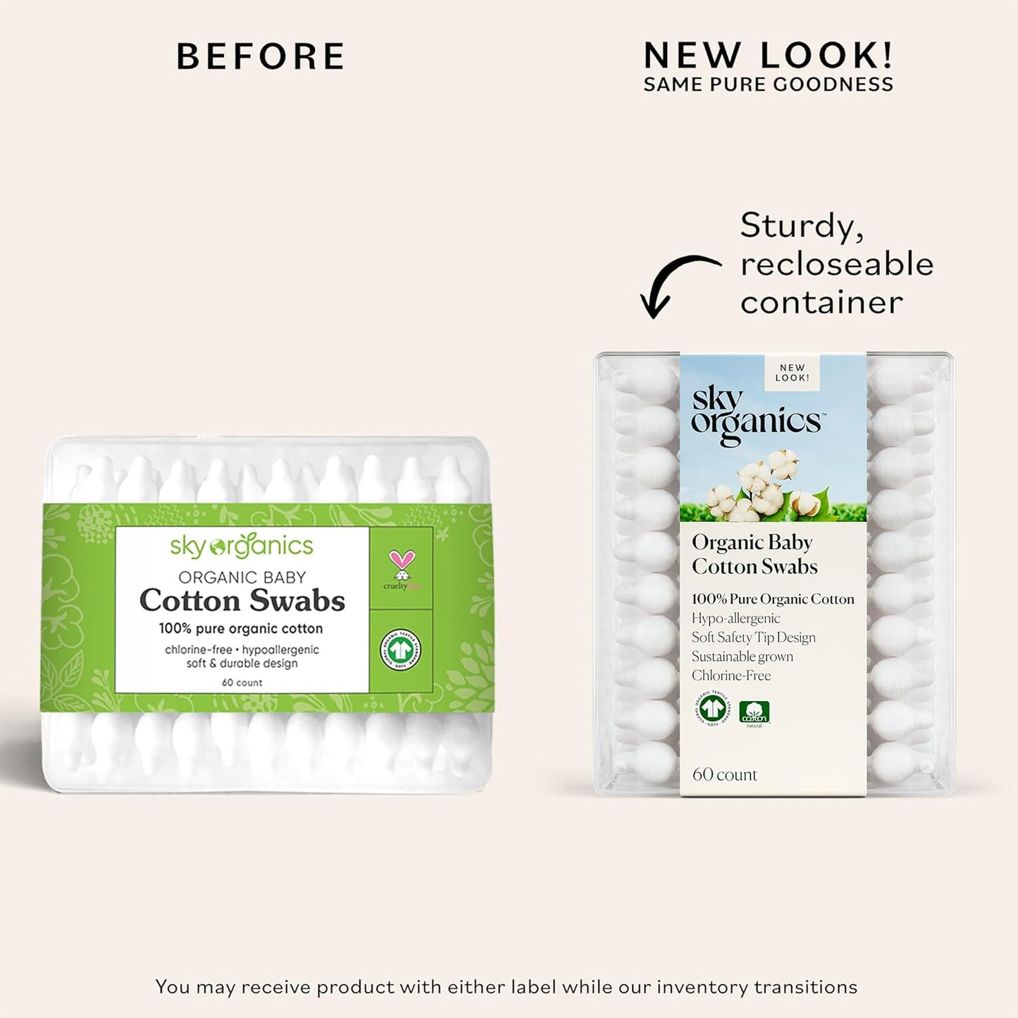 Sky Organics - Organic Baby Cotton Swabs - Ultra Soft Tips for Sensitive Skin - 60 Count - Hypoallergenic & Vegan
