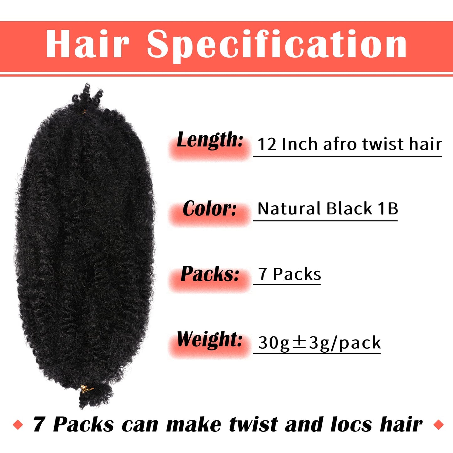 Marley Hair 12 Inch 7 Packs Pre Separated Springy Afro Twist Hair Marley Twist Braiding Hair for Faux Locs Crochet Hair Pre Fluffed Spring Twist Hair Synthetic Hair Extensions (12",1B)