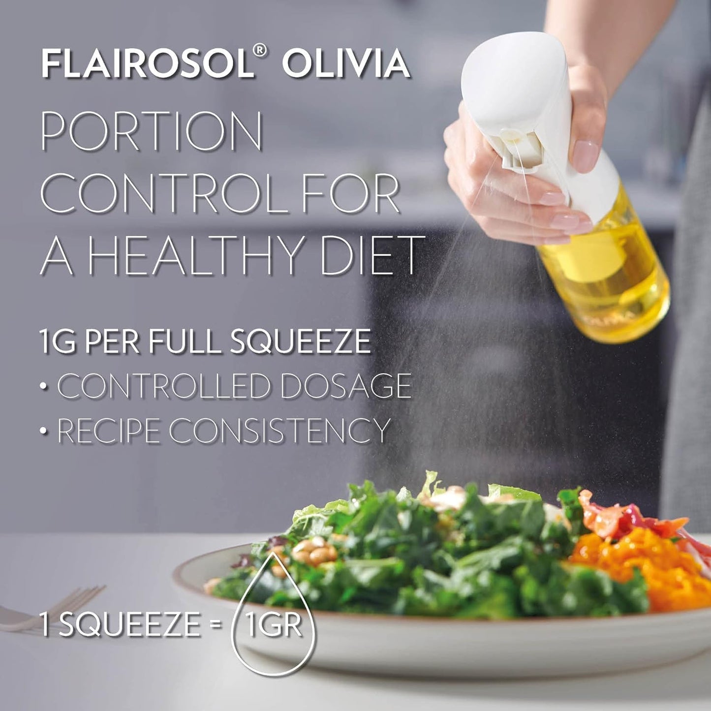 FLAIROSOL Olivia Signature Oil Sprayer - Advanced Fine Mist Cooking Spray Bottle, 130ml | Refillable Glass for Air Fryer & BBQ (Golden Leaves)