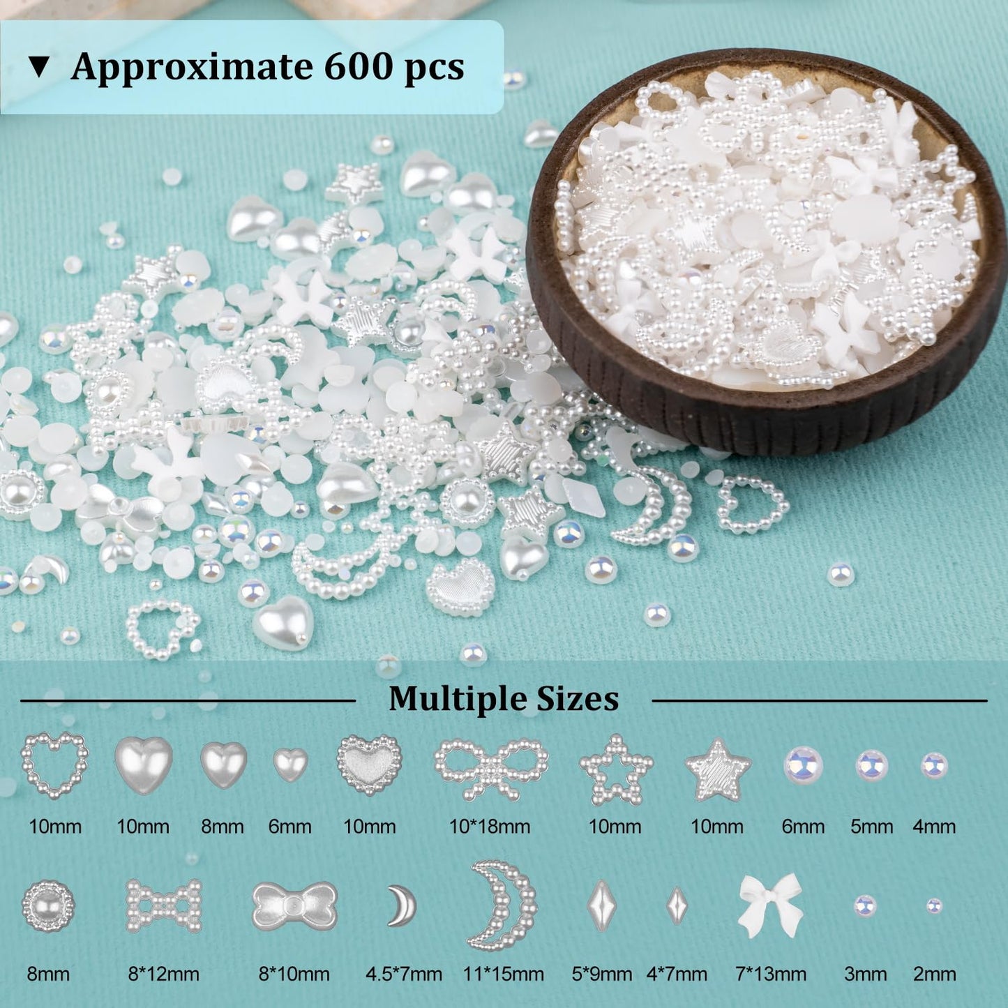600Pcs 3D Multi Shapes Nail Charms and Flatback Pearls, Beige Mix Styles Heart Star Bow Sunflower Embellishments for Nail Art, Craft and Decoration with Glue Gel, Tweezer and Pickup Pencil
