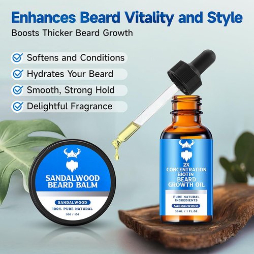 Beard Growth Oil & Balm Kit by [Brand Name] - 2X Biotin Concentration, Natural Argan & Jojoba Oils