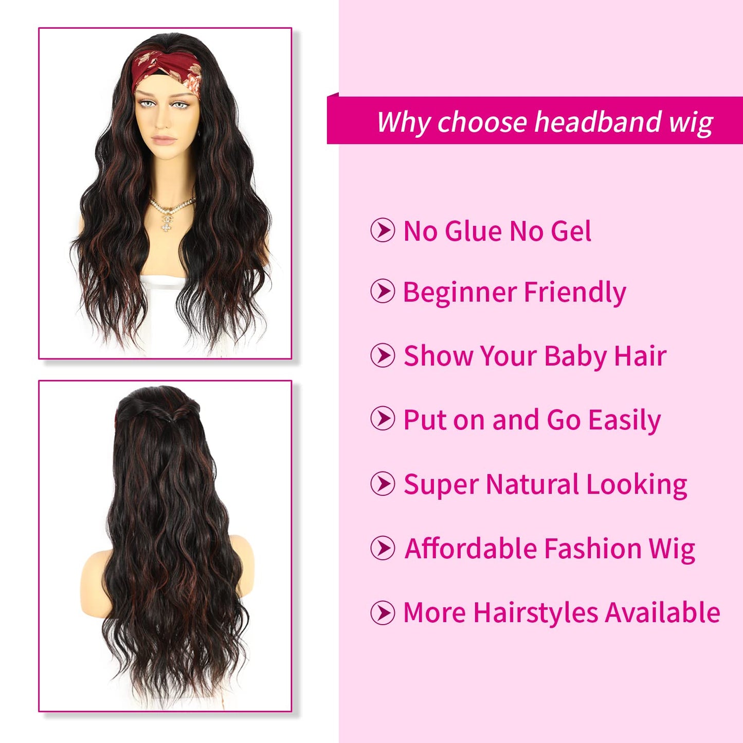 SAPPHIREWIGS Headband Wigs Synthetic Glueless Headband Wig Loose Body Wave Black Mix Red Highlight Color 150% Density Heat Friendly Headband Wigs for Black Women 26inch