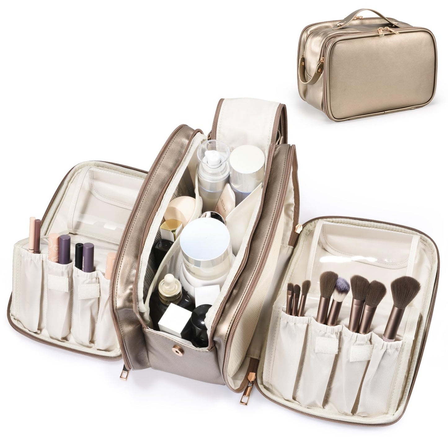 Travel Makeup Bag Women's Large Capacity Cosmetic Portable Organizer Large Opening Waterproof Storage Toiletry Bags Vertical Free-Standing Brush Holder for Easy Access Copper