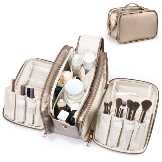 Travel Makeup Bag Women's Large Capacity Cosmetic Portable Organizer Large Opening Waterproof Storage Toiletry Bags Vertical Free-Standing Brush Holder for Easy Access Copper