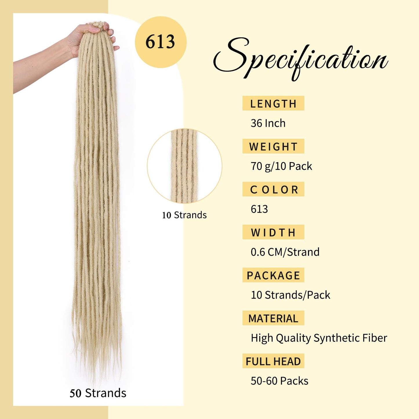 WIGNEE 36 Inches Synthetic Blonde Dreadlock Extensions 10 Strands Single Ended Dreadlocks Extension 0.6 CM Synthetic Crochet Dreads Extensions Hip Hop Style for Women/Man(613)