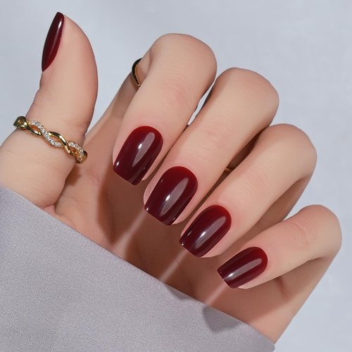 Press On Nails Short - Jofay Fashion Acrylic Press On Nails Red, Square Glue On Nails with Nail Glue, Fit Perfectly & Natural Stick On Nails in 16 Sizes - 32PCS Soft Gel Kit, Wine Red