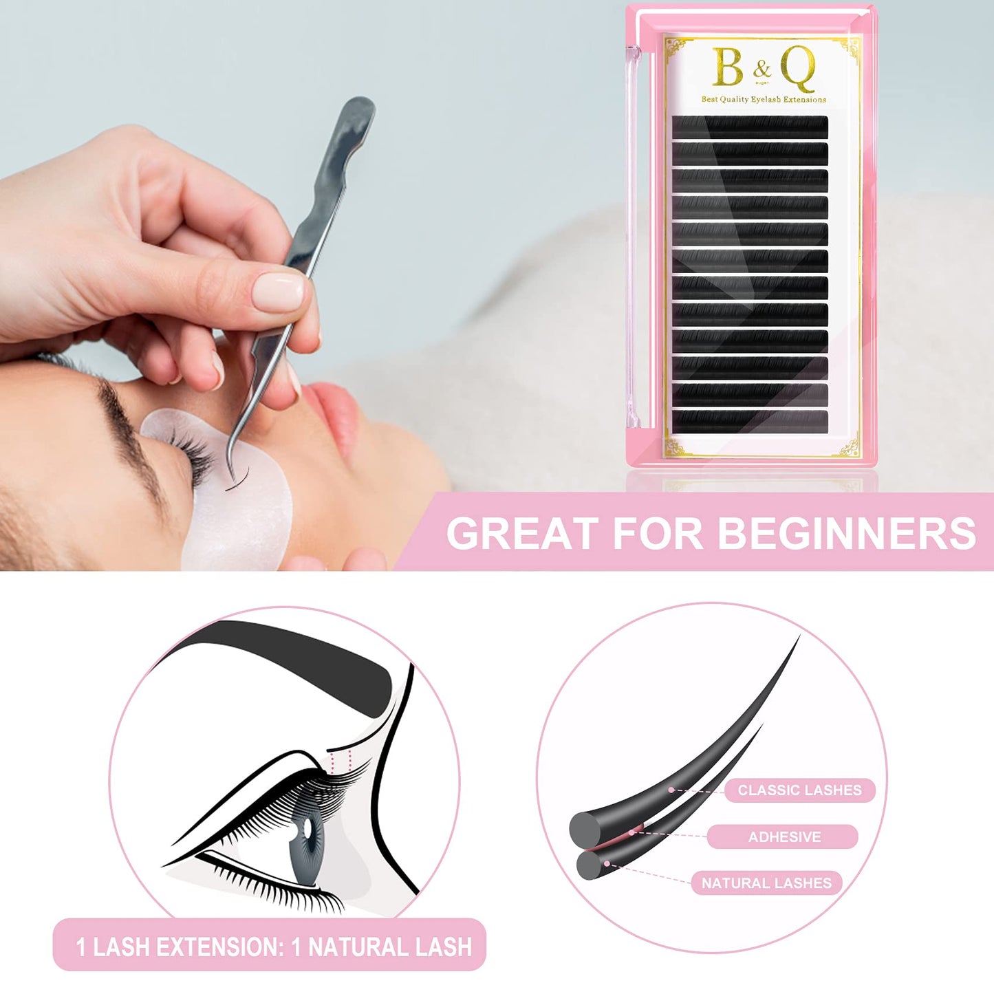 Classic Lash Extensions D-0.18-17 B&Qaugen Classic Eyelash Extensions .18 Eyelash Extensions D Curl Single Lash Extensions (D-0.18, 17 mm)