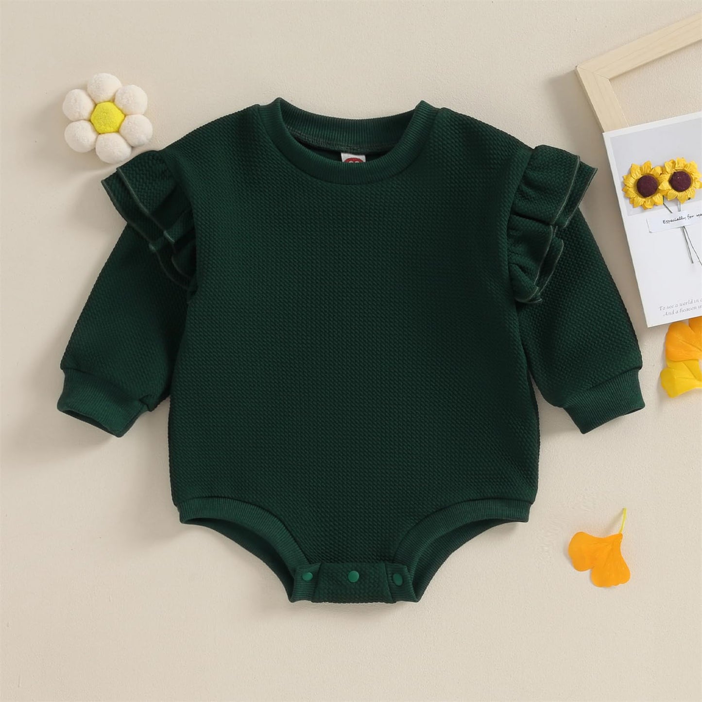 DOSYZTO Newborn Baby Girl Solid Romper Sweatshirt Ruffle Long Sleeve Bodysuit Outfit Infant Fall Clothing (Ruffled Sleeve Dark Green,12-18 Months)