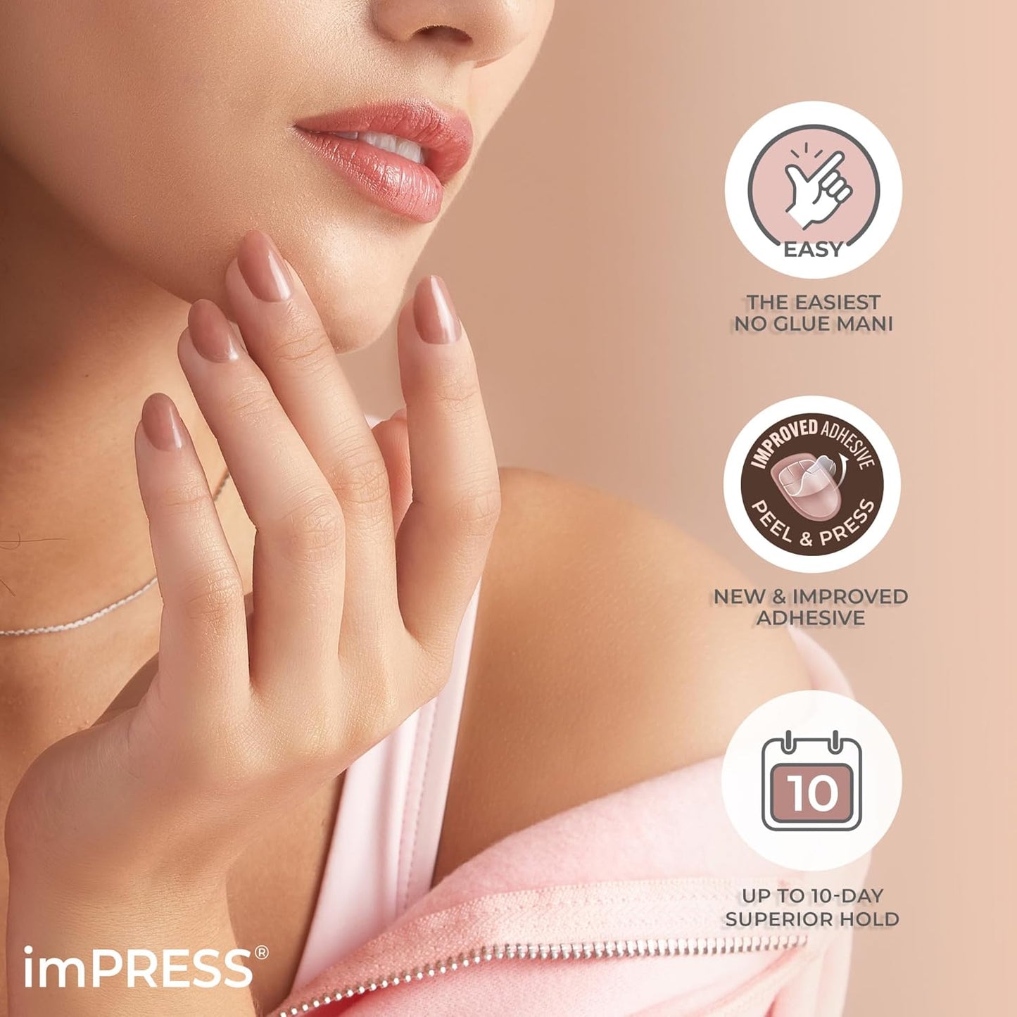 KISS imPRESS No Glue Mani Press On Nails - Simple Pleasure Nude Short Squoval Shape | 30 Nails & Accessories