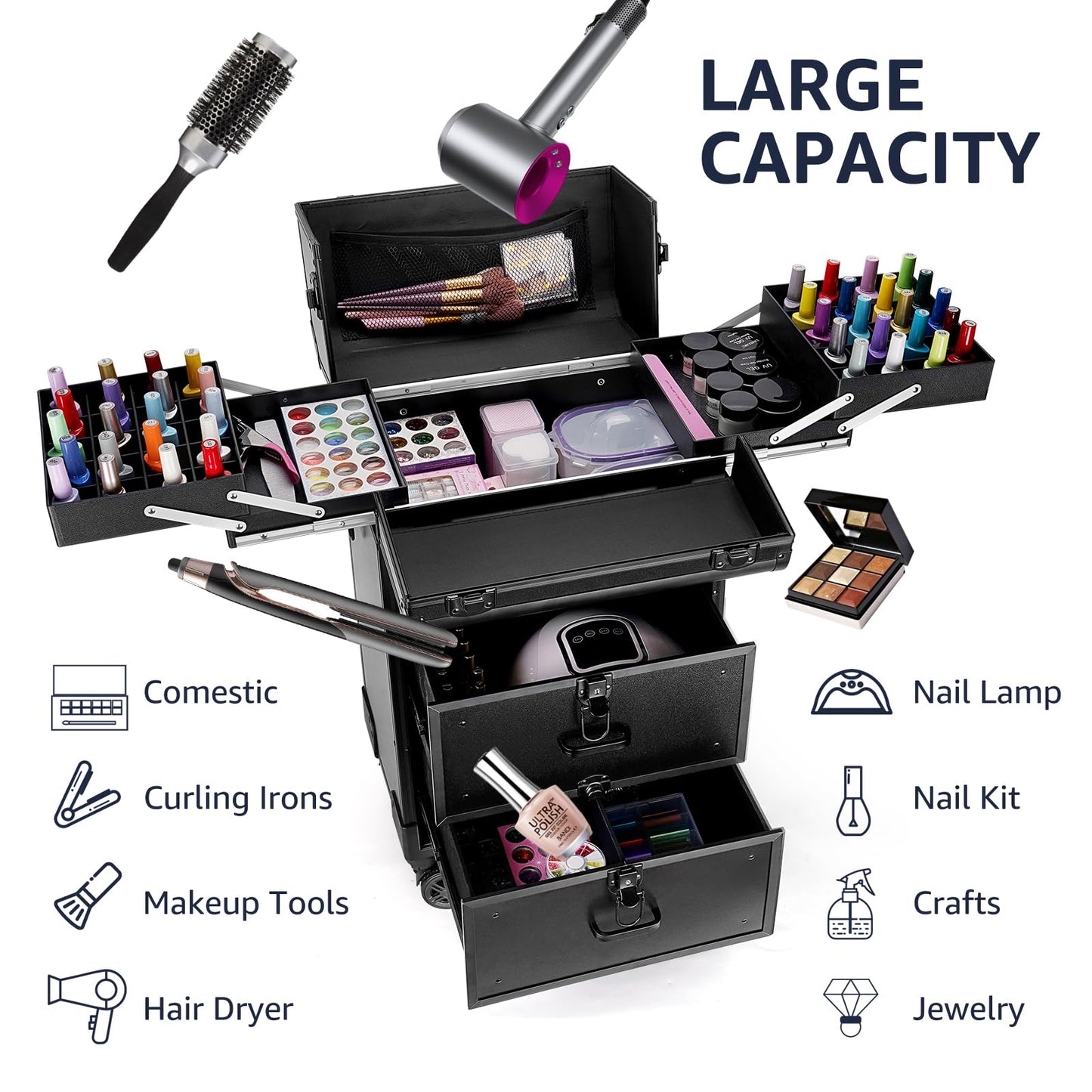 Yokilly Rolling Makeup Train Case, Professional Cosmetology Case on Wheels, Aluminum Cosmetic Trolley Travelling Cart Trunk with Swivel Wheels, Sliding Drawer & Keys for Nail Technician Stylist(Black)