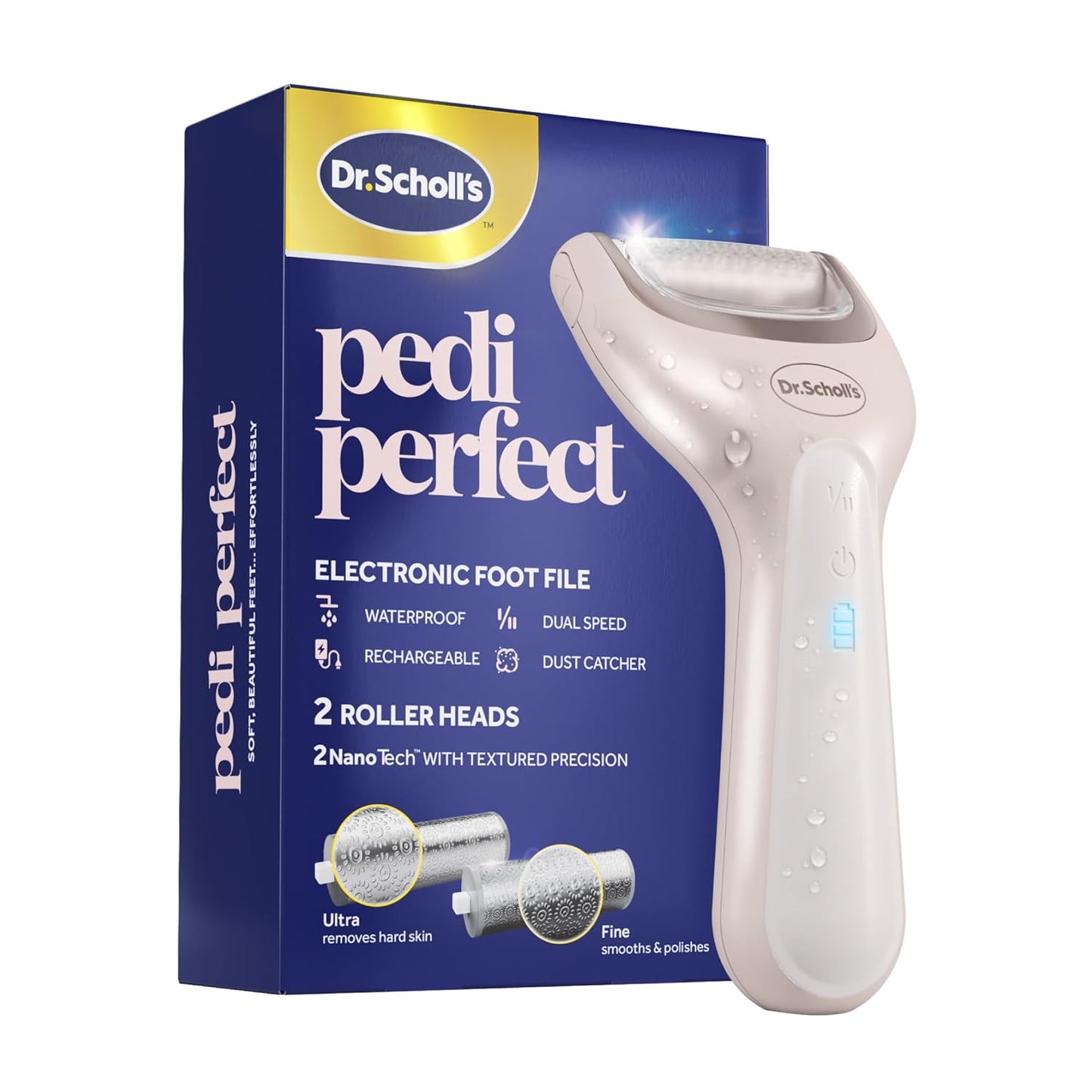 Dr. Scholl's Pedi Perfect Electric Foot Callus Remover, Waterproof, Rechargeable with x2 Roller Heads, Removes Hard Skin for Soft Beautiful Feet, 50 Minute Run Time, Dust Catcher, Pedicure Tools