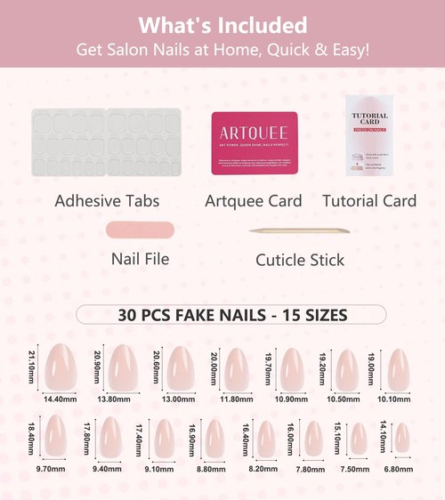 Artquee Press on Nails Short Soft Pink Almond False Tips Glossy Reusable Fake Stick on Nails Kit for Women - 30 Pcs 15 Sizes