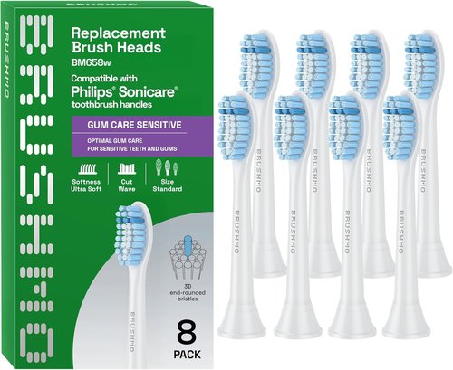 Brushmo Replacement Toothbrush Heads - Sensitive Care for Philips Sonicare | 8 Extra Soft Dupont Bristles, White