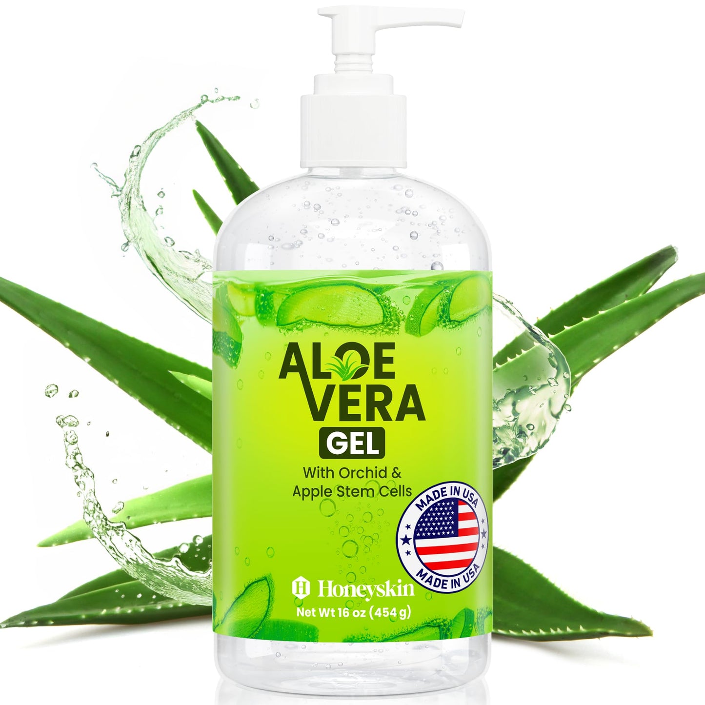 Honeyskin Organic Aloe Vera Gel for Face with Orchid & Apple Stem Cells - Soothing & Hydrating Aloe Gel for Sunburn Relief & After Sun Care - 100% Aloe Vera Gel for Hair, Face & Body (16 Fl Oz)