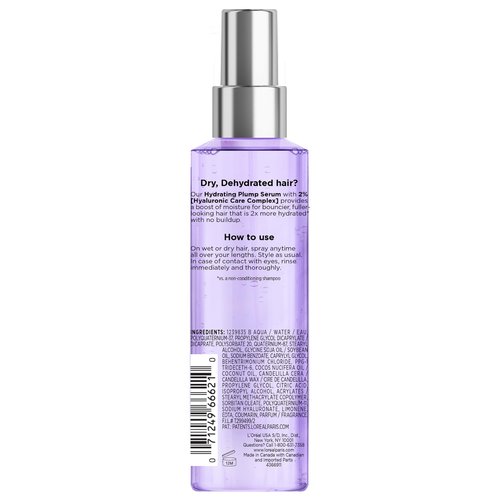 L'Oreal Paris Elvive Hyaluron Plump Moisture Plump Hair Serum for Dehydrated, Dry Hair with Hyaluronic Acid Care Complex, Paraben-Free, 4.4 Fl Oz