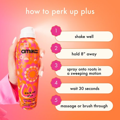 amika perk up plus extended clean dry shampoo, 5.3oz | revitalizes roots + boosts time between washes with no residue or build up | for all hair types