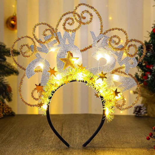 TWINKLEDE Light Up 2024 New Year Headband Green Glitter Hair Hoop Christmas Hair Bands for Women and Girls (Silver)