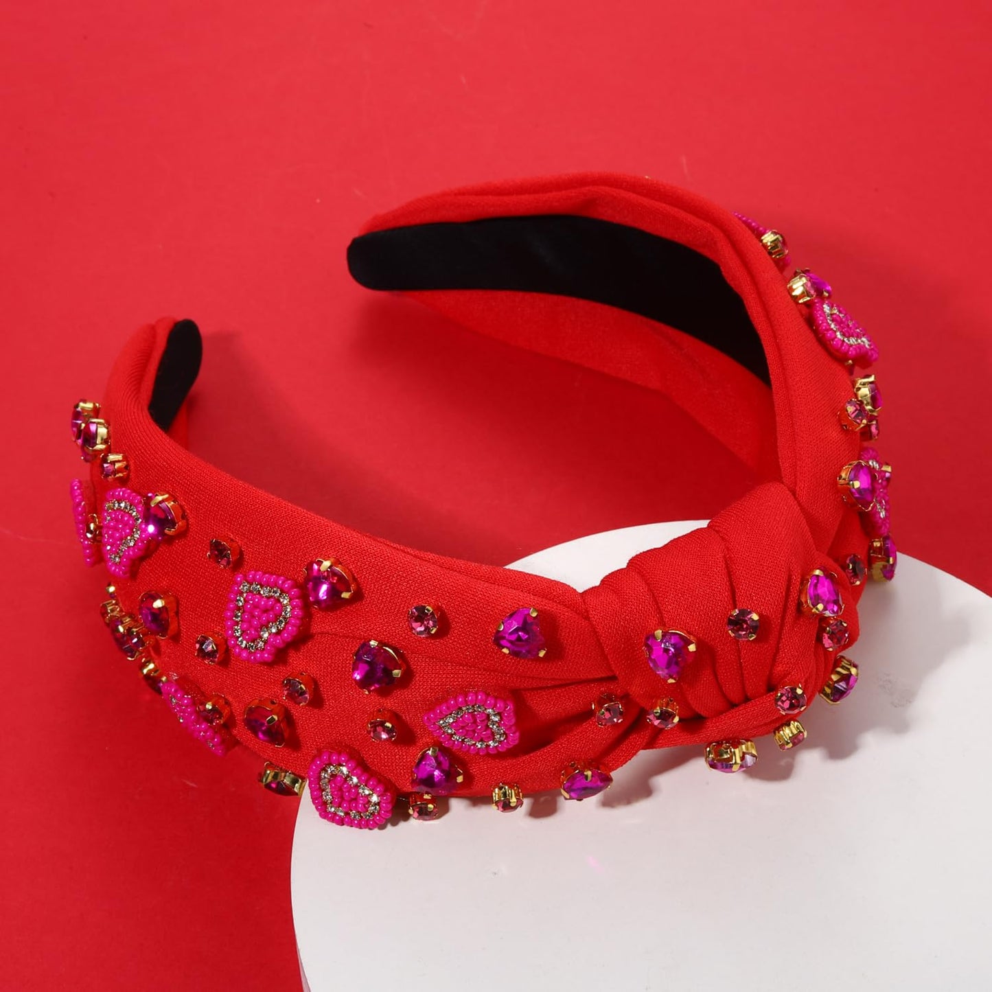 Valentine’s Day Heart Headbands for Women Valentine’s Day Accessories Jeweled Beaded Heart Knotted Headband Pink Red Rhinestone Wide Top Knot Headband Valentine Party Favors Gifts (Heart Headband 2)