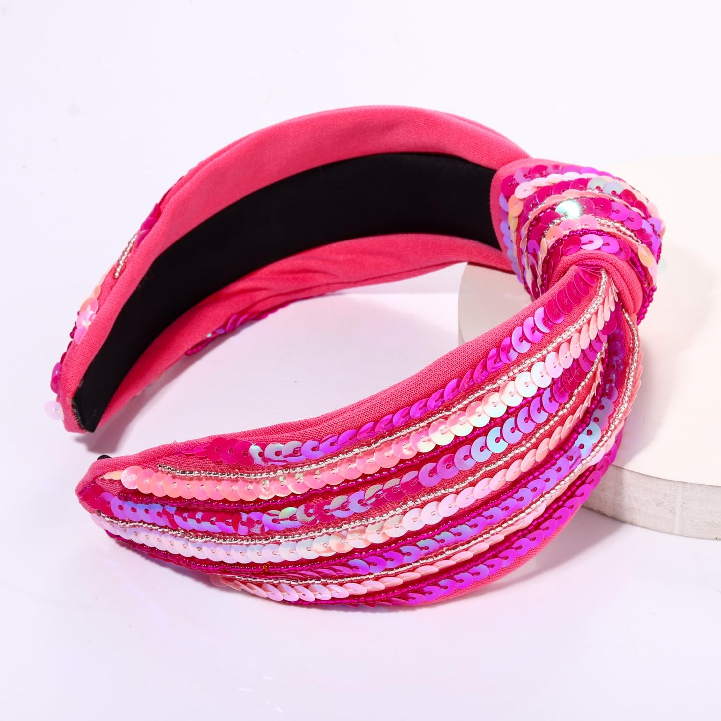 Valentines Day Headband Glitter Hot Pink Sequins Beaded Valentines Knotted Headband for Women Girls Valentine Wide Knot Head Band Valentine's Day Headband Hair Accessories Gifts