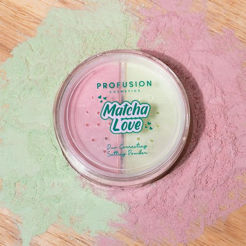 Profusion Cosmetics Matcha Love Duo - Weightless 2-in-1 Correcting Setting Powder & Kabuki Brush | Talc-Free, Redness Reducing Makeup