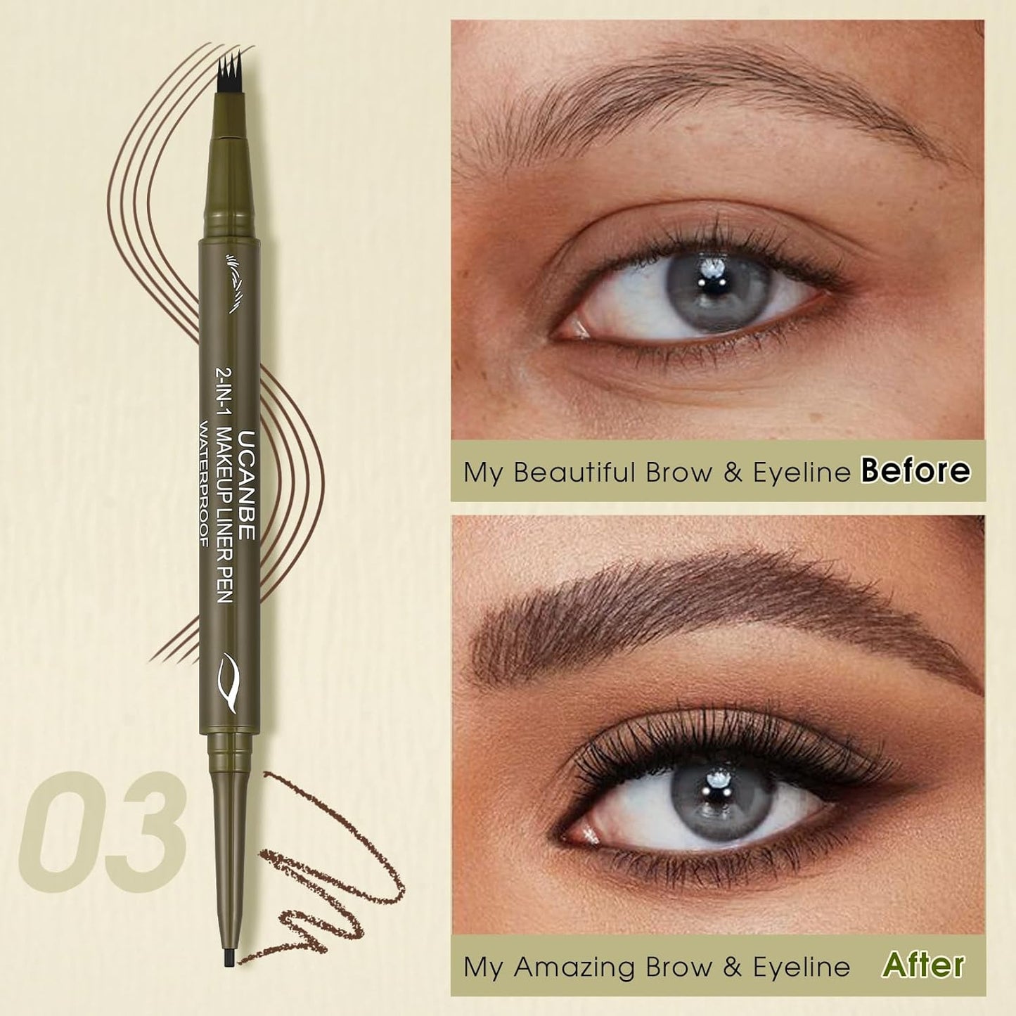 UCANBE Eyebrow Pen - Dual-Ended Pencil with 4-Fork Tip & Gel Eyeliner - Dark Brown, Hair-Like Strokes