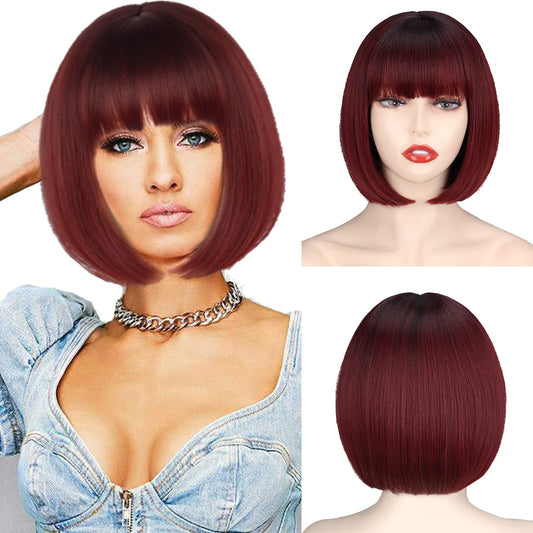 WERD Short Wine Red Bob Wig with Bangs, Straight Burgundy Wig Bob for Women, Short Straight Wig Natural Looking for Daily and Party