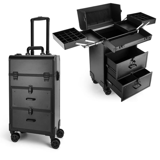 Yokilly Rolling Makeup Train Case, Professional Cosmetology Case on Wheels, Aluminum Cosmetic Trolley Travelling Cart Trunk with Swivel Wheels, Sliding Drawer & Keys for Nail Technician Stylist(Black)