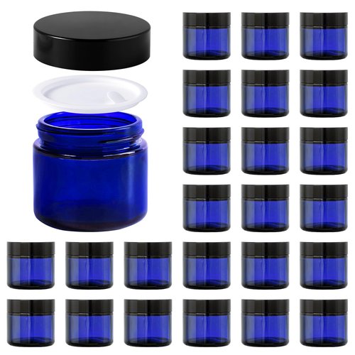 2oz Jars with Lids, Hoa Kinh 24 Pack Blue Glass Jars with Lids Empty Cosmetic Containers Round Airtight Glass Jar with Inner Liners and black Lid for Storing Lotions, Powders, and Ointments