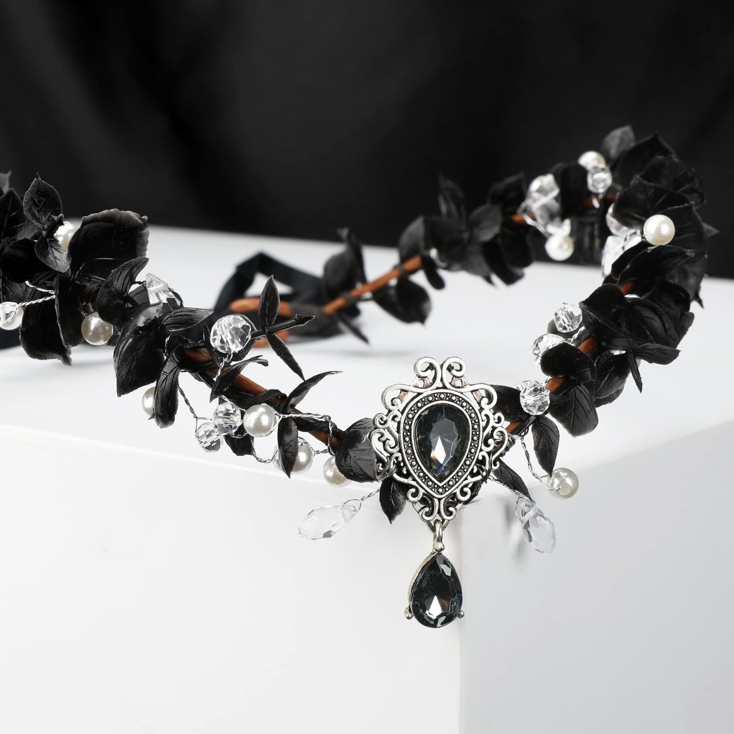 MOSTORY Handmade Black Flower Headband Dark Fairy Headpiece Elf Crown Elven Wreath with Crystal for Girls Women Cosplay Renaissance Bridal Maternity