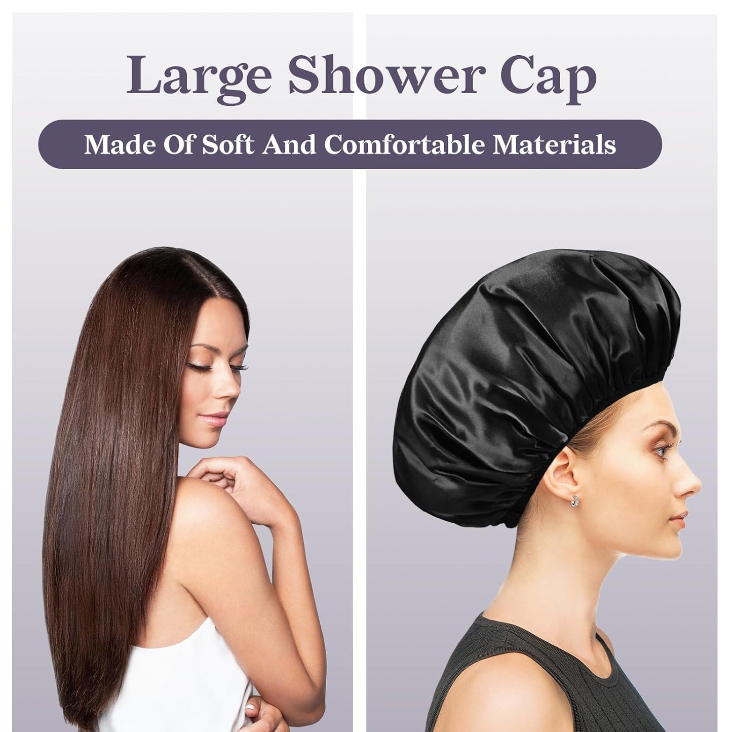 Skiennix Satin Shower Cap - Three-Layer Terry Cloth Lined, Waterproof & Reusable for Long Hair (Black)