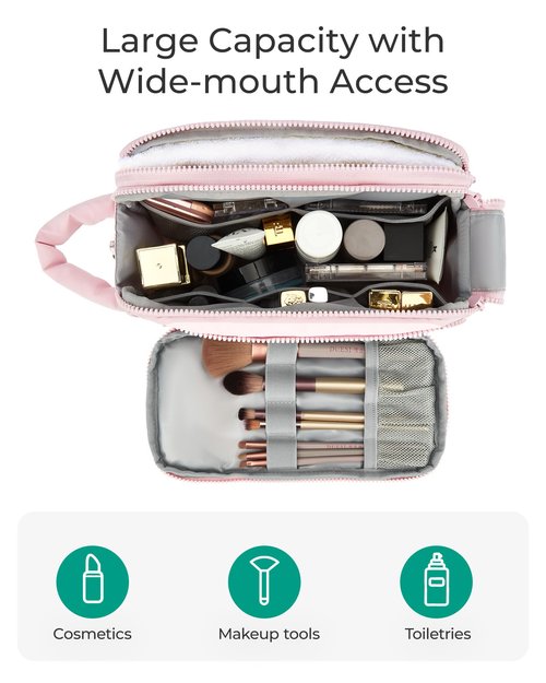 BAGSMART Travel Makeup Bag Organizer, Puffy Make Up Bag, Cosmetic Organizer Case for Travel Essentials Toiletries Accessories Bottles, Brushes (Pink)