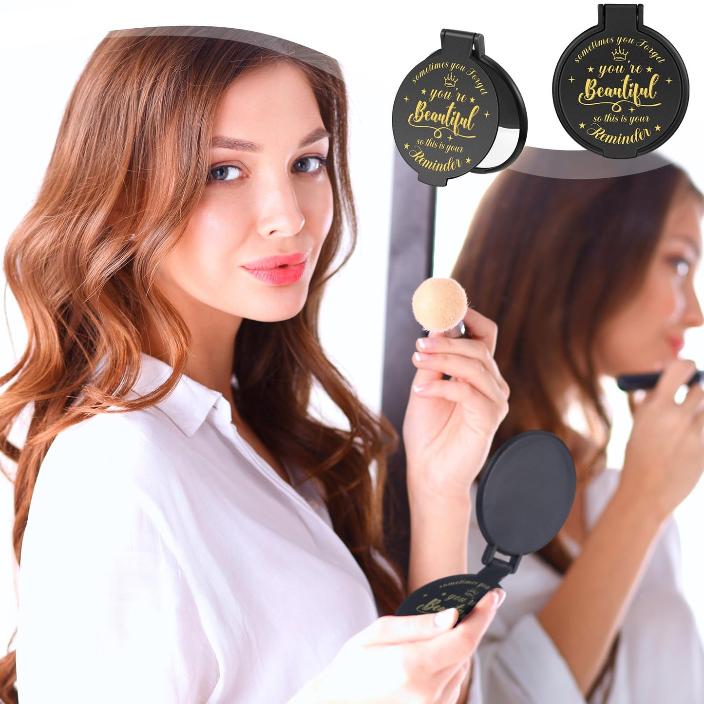 Gulfmew 18 Pcs 2.76 Inch Inspirational Compact Mirror Bulk Round Makeup Glass Mirror Personal Purse Pocket Mini Gifts for Women Galentines Coworker Teacher Graduation Friends (Black)