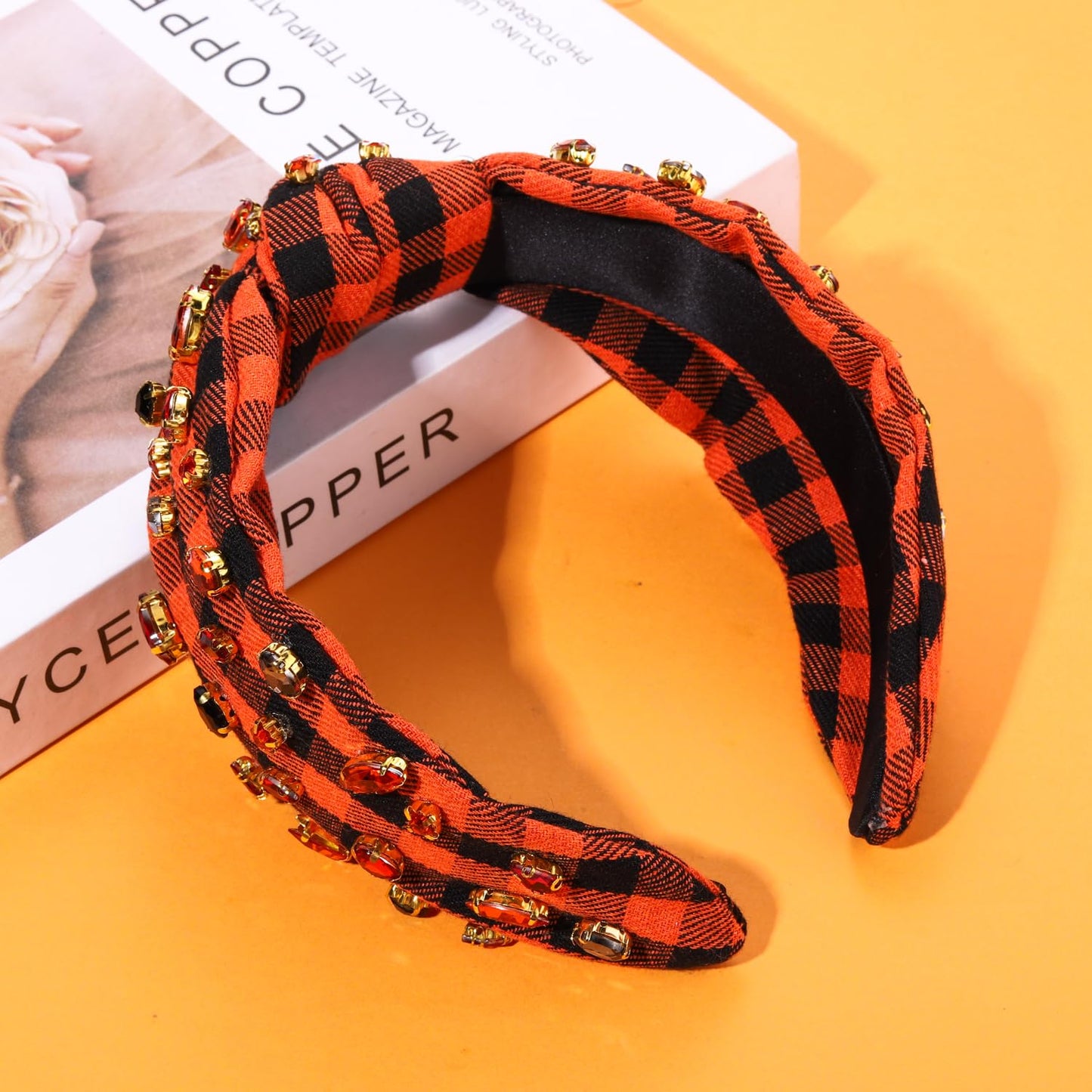 Halloween Headband for Women Rhinestone Crystal Knotted Headband Embellished Orange Black Plaid Top Knot Headband Gothic Spooky Halloween Hair Accessories Outfits Costume Party Gifts (Halloween 1)