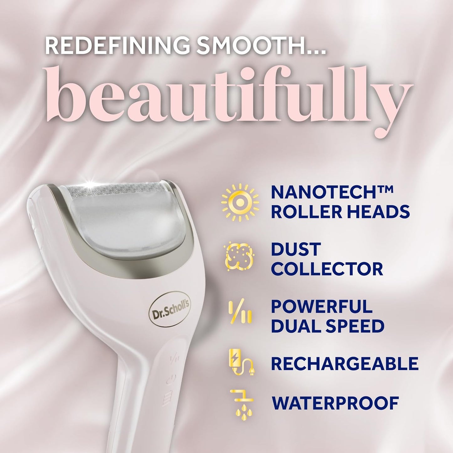 Dr. Scholl's Pedi Perfect Electric Foot Callus Remover, Waterproof, Rechargeable with x2 Roller Heads, Removes Hard Skin for Soft Beautiful Feet, 50 Minute Run Time, Dust Catcher, Pedicure Tools