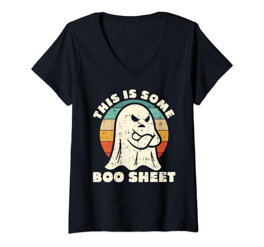 Womens This Is Some Boo Sheet Funny Halloween Costumes Men Women V-Neck T-Shirt