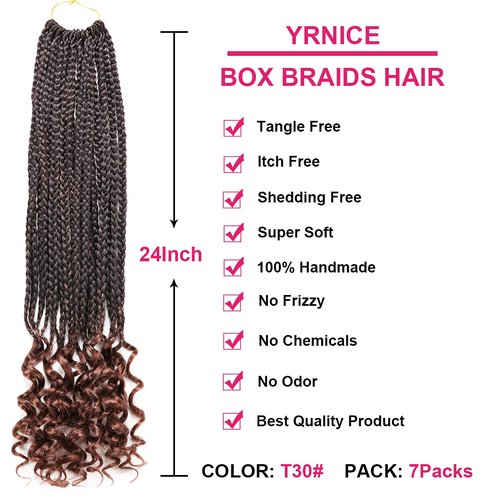 URNice 7 Packs 24 Inch Crochet Box Braids Hair with Curly Ends Prelooped Bohemian Goddess Box Braids Crochet Hair Braiding Hair Crochet Braids Hair for Black Women (24 Inch 7 Pack, T30 )