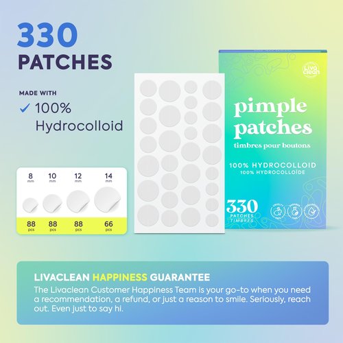 LivaClean 330 CT Pimple Patches for Face - 100% Hydrocolloid Acne Patches - Four Sizes - Acne Dots Zit Stickers - Hydrocolloid Patch Pimple Patch Invisible - Blemish Patches