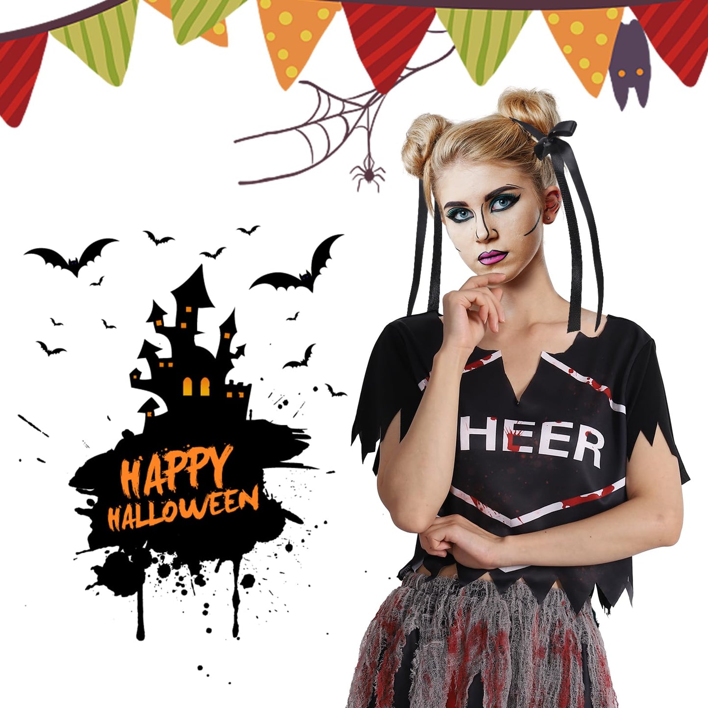 Blivergowell 7 Pieces Zombie Cheerleader Costume Women Halloween Cheerleader Outfit Set Top Skirt Hair Bow Rope Socks Pom Poms (Adult black, XL)