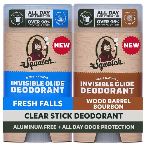 Dr. Squatch Invisible Glide Natural Men’s Deodorant - Smooth, Stain-Free Formula - Aluminum-Free, Sensitive Skin - Fresh Falls & Wood Barrel Bourbon - 2.65oz (2-Pack)